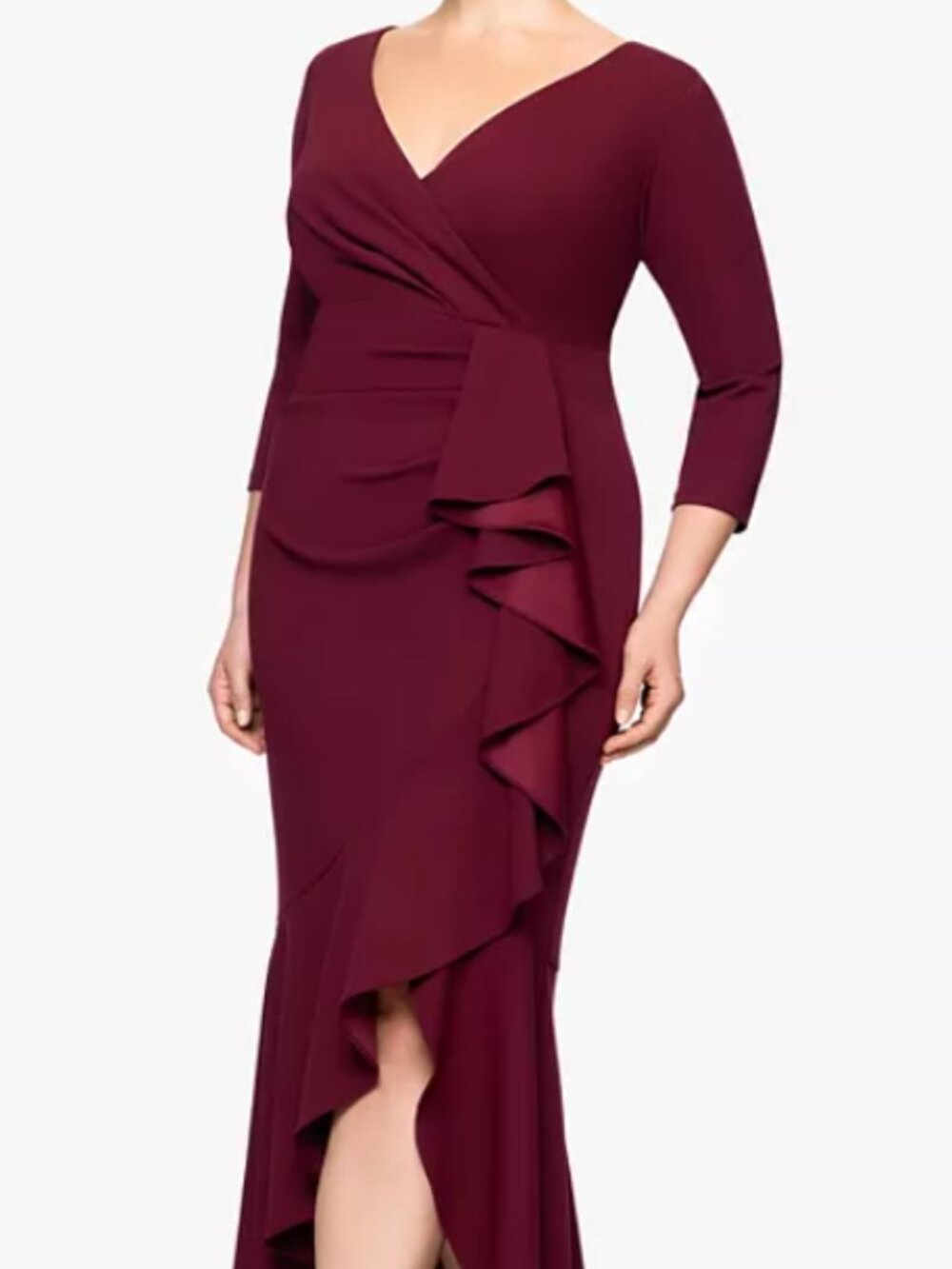 Betsy & Adam Plus Long Cascading Ruffle Gown
